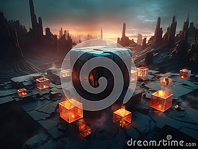 A group of cubes sitting on top of a table an nuclear art casting a flame spell. AI generated Stock Photo