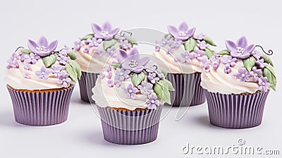 A group of cupcakes decorated with purple flowers. Stock Photo