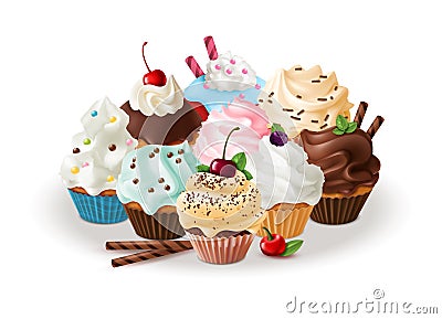 Group of cupcakes. Sweets and homemade cupcake with caramel, meringue in box for shop vector desserts Vector Illustration