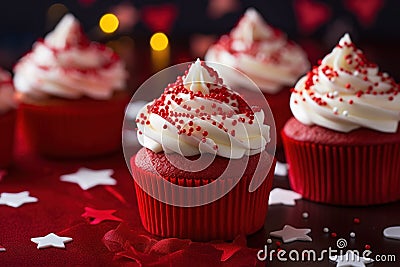 a group of cupcakes with white frosting and sprinkles Stock Photo