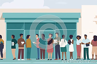 A group of customers standing in line outside a post office eagerly awaiting to learn more details about the new health Stock Photo