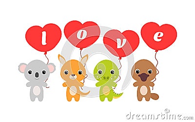 Group of cute animals. Cartoon koala, kangaroo, platypus, crocodile stand and hold balloons in their hands. Happy Valentine day. Vector Illustration