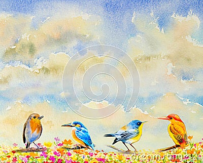 Group cute baby birds on the branches watercolor painting Stock Photo