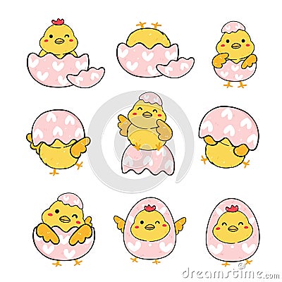 Group of cute baby chicken in broken easter egg shell collection, playful animal cartoon hand drawing outline vector Vector Illustration