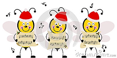 Group of cute bees chorus singing Christmas songs Vector Illustration