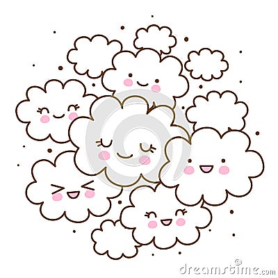 Group of cute cartoon clouds isolated Vector Illustration