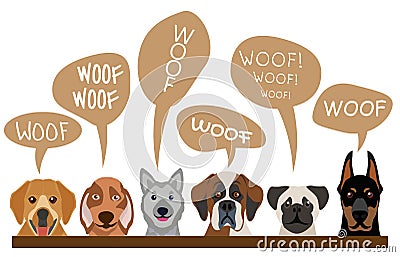 Group of cute dogs breeds vector illustration. Cartoon character pets with text woof woof isolated on white background Vector Illustration