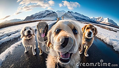 a group of cute dogs taking a selfie on road image generative AI Stock Photo