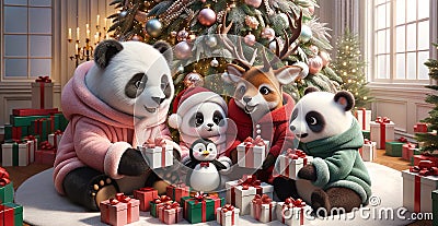 A group of cute friends exchanging gifts under a Christmas tree , in a cozy room with windows Cartoon Illustration