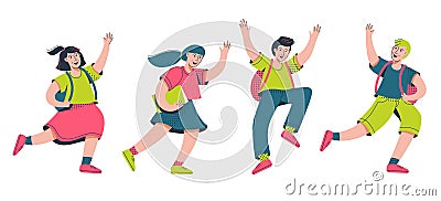 Group of cute happy children or pupil with backpacks laughing, waving hands greeting each other. Back to school. Vector Illustration