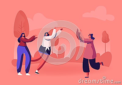 Group of Cute Happy Girls Fooling and Jumping Outdoors Spending Time Together. Women Friends Walking and Relaxing Vector Illustration