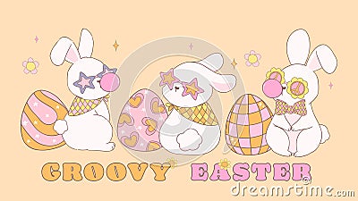 Group of Cute Happy Groovy Easter bunny with disco retro eggs. Playful cartoon banner doodle animal character hand drawing Vector Illustration