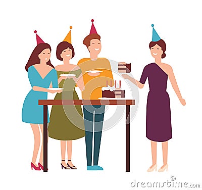 Group of cute joyful people cutting, tasting festive cake and celebrating birthday. Happy man and women enjoying party Vector Illustration
