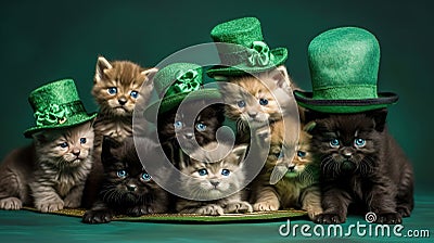 Group of cute kittens in green leprechaun hats on green background. Stock Photo