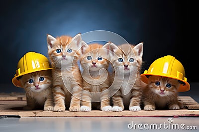 Group of cute little kittens with hard hat isolated on black background. A group of small kittens wearing construction hats, AI Stock Photo