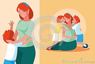 group of cute mothers and children Cartoon Illustration