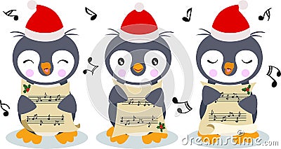 Group of cute penguins chorus singing Christmas songs Vector Illustration