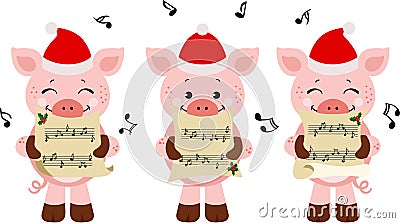 Group of cute pigs chorus singing Christmas songs Vector Illustration