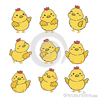 Group of cute playful baby yellow chicken dancing farm livestock collection, playful animal cartoon hand drawing outline vector, Vector Illustration