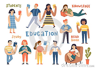 Group of cute reading people. Cartoon hand drawn students, book lovers, readers, modern literature fans. Funny characters studying Vector Illustration