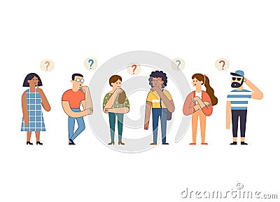 Group of cute thoughtful people. Cartoon smart men and women thinking and solving problem. Funny pensive characters Cartoon Illustration