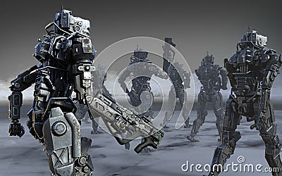 A group cyborgs mission with clipping path. Invasion of military robots warfare. Stock Photo