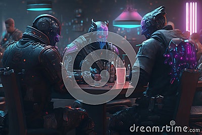 Group of cyborgs sitting at the table at night club. Stock Photo