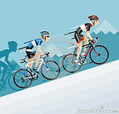 Group of cyclists man in road bicycle racing go to the mountain. Vector Illustration