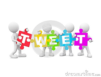 Group of 3D Men Holding TWEET Stock Photo