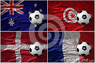 Group D. realistic football balls with national flags of france, australia , denmark, tunisia, ,soccer teams Cartoon Illustration