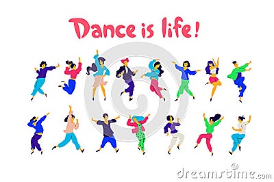 A group of dancing people in different poses and emotions. Vector. Illustrations of men and women. Flat style. A group of happy Vector Illustration