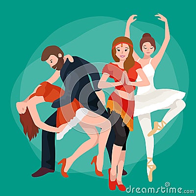 Group of dancing people, yong happy man and woman dance together and in a couple Vector Illustration