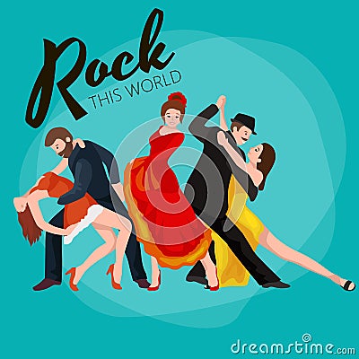 Group of dancing people, yong happy man and woman dance together and in a couple, girl sport dancer, happy boy, dance Vector Illustration