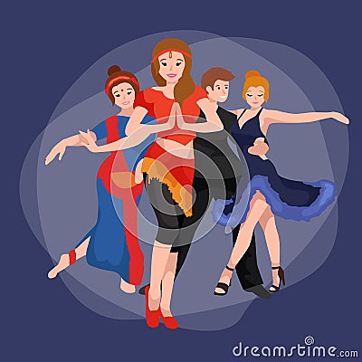 Group of dancing people, yong happy man and woman dance together and in a couple, girl sport dancer, happy boy, dance Vector Illustration