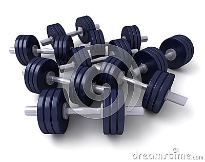 A group of dark blue dumbbells Stock Photo