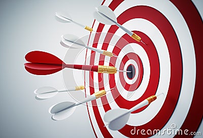 Group of darts hitting a red and white dartbord Stock Photo