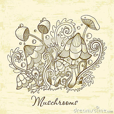 Group of decorative mushrooms. Cute mushrooms illustration, hand drawn collection. Vector Illustration