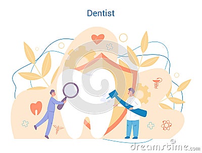 Group of dentist treat big tooth. Medical treatment concept. Vector Illustration