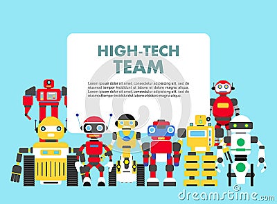 Group of different abstract robots standing together on blue background in flat style. High-tech team concept. Flat Vector Illustration