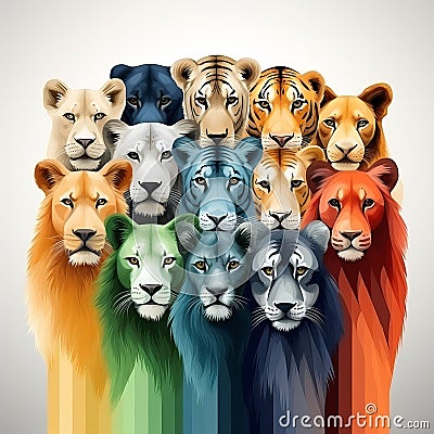 a group of different colored lions in front of a white background Stock Photo