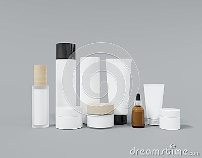 Group of different cosmetic bottles and jars 3D render Stock Photo