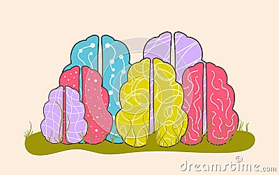 Group of different human brains on grass. Neurodiversity symbol. Brainstorming, creative thinking sign. Colorful human minds Vector Illustration