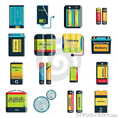 Group of different size color batteries electricity charge technology vector icons Vector Illustration