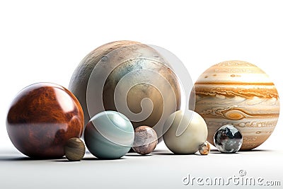 a group of different sized and colored planets on a white surface with a white back ground and a white back ground with a white Stock Photo