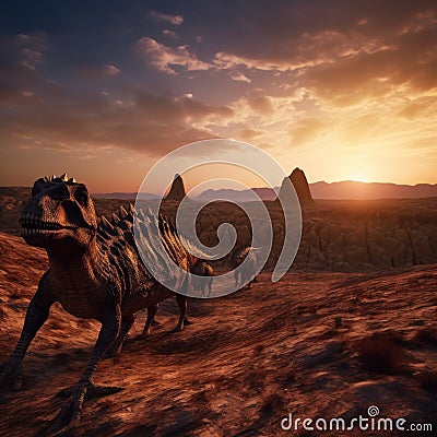 A group of dinosaurs walking across a desert. Generative AI image. Stock Photo