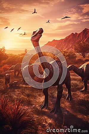 A group of dinosaurs walking through a field. Generative AI image. Stock Photo