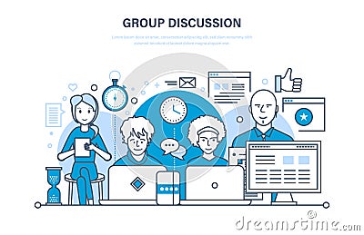 Group discussion, communications, cooperation, teamwork, partnerships, integrated approach to conversation. Vector Illustration