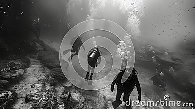 A group of divers explore a barren section of the ocean floor their expressions betraying their sadness at the lack of Stock Photo