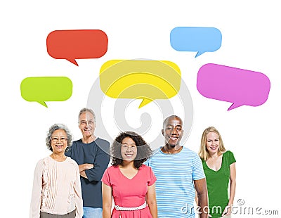 Group of Diverse Cheerful People with Speech Bubbles Stock Photo