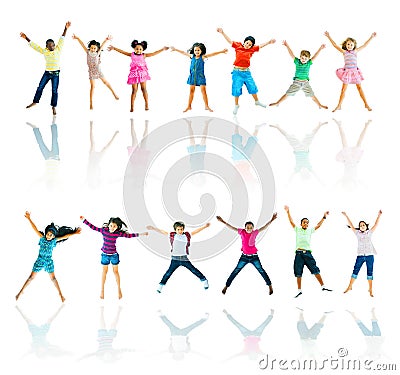 Group of Diverse Children Jumping Stock Photo